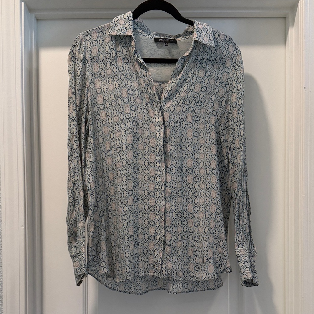 Lafayette 148 New York Blue and Pink Patterned Blouse